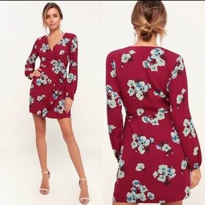 LULU'S Fascinating Fun Burgundy Floral‎ Print Long Sleeve Wrap Dress Sz S